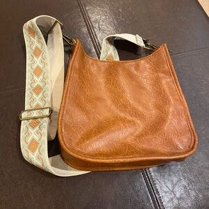 Brown Faux Leather Purse with Floral Guitar Strap and Extra Strap